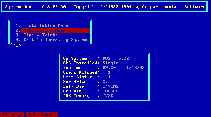 Cougar Mountain Software ACT 2 PLUS v9.0 - Menu